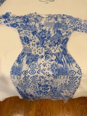 Smocked Waist Blue & White Maxi Dress